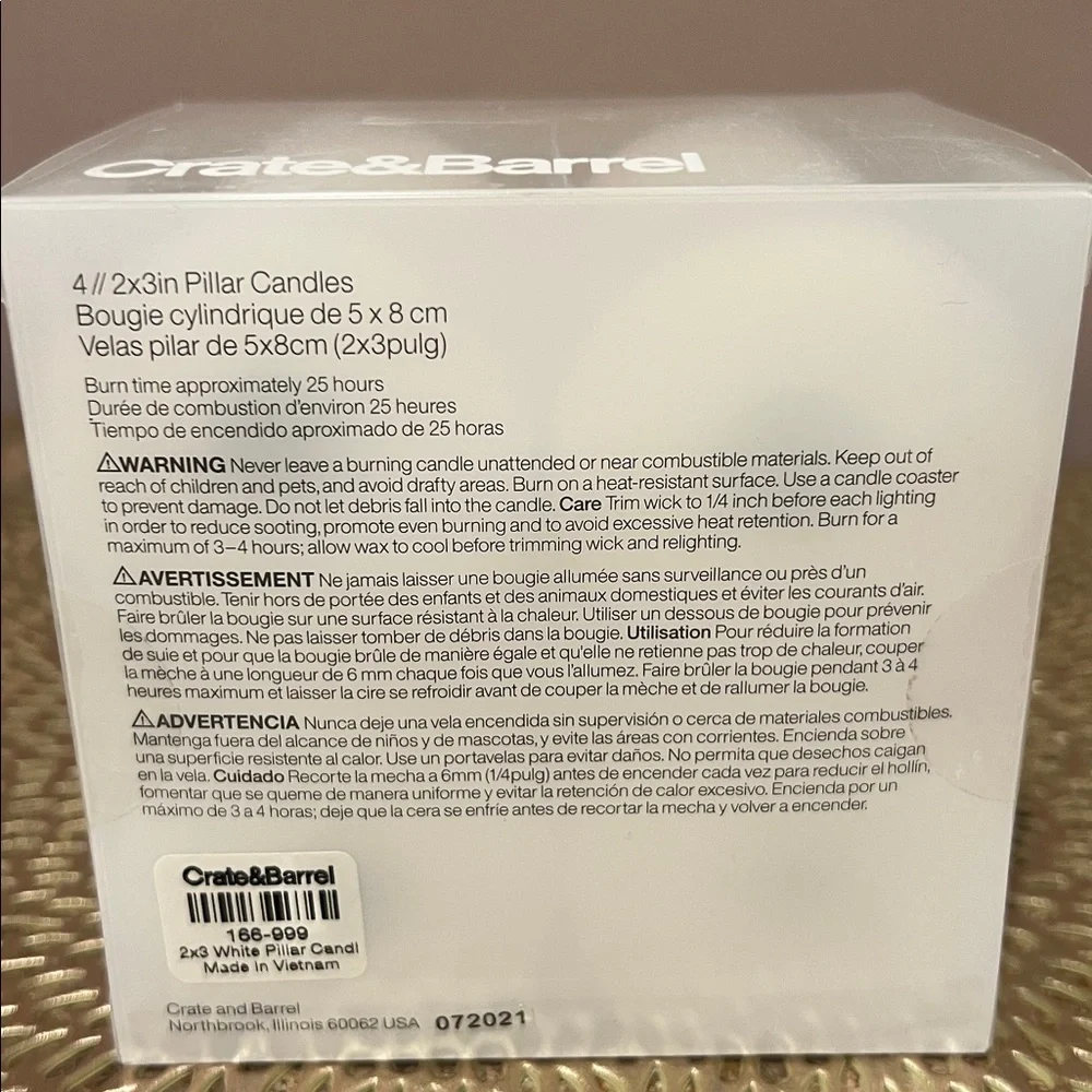 Crate and Barrel 2”x3” White Pillar Candles, Set of 4